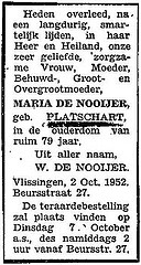 Familieadvertentie overlijden Maria De Nooijer-Platschart