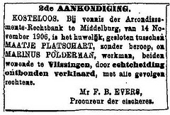 Advertentie met de aankondiging van de scheiding tussen Marinus Polderman en Maatje Platschart
