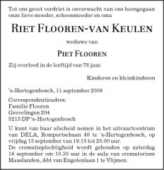 Familieadvertentie Riet Flooren-van Keulen